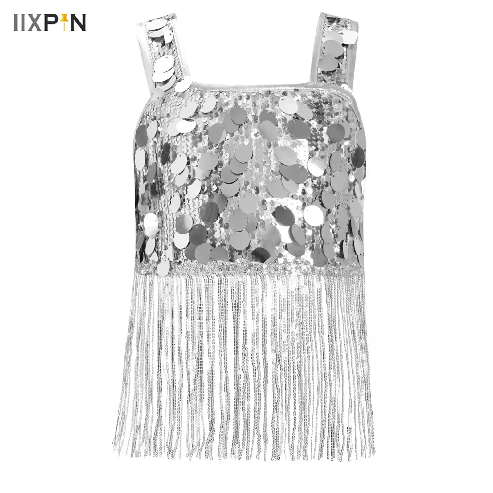 

Kids Girls Dance Top Camisole Hip Hop Jazz Latin Belly Dance Clothes Shiny Sequins Wide Shoulder Straps Tassels Top Vest Shirt
