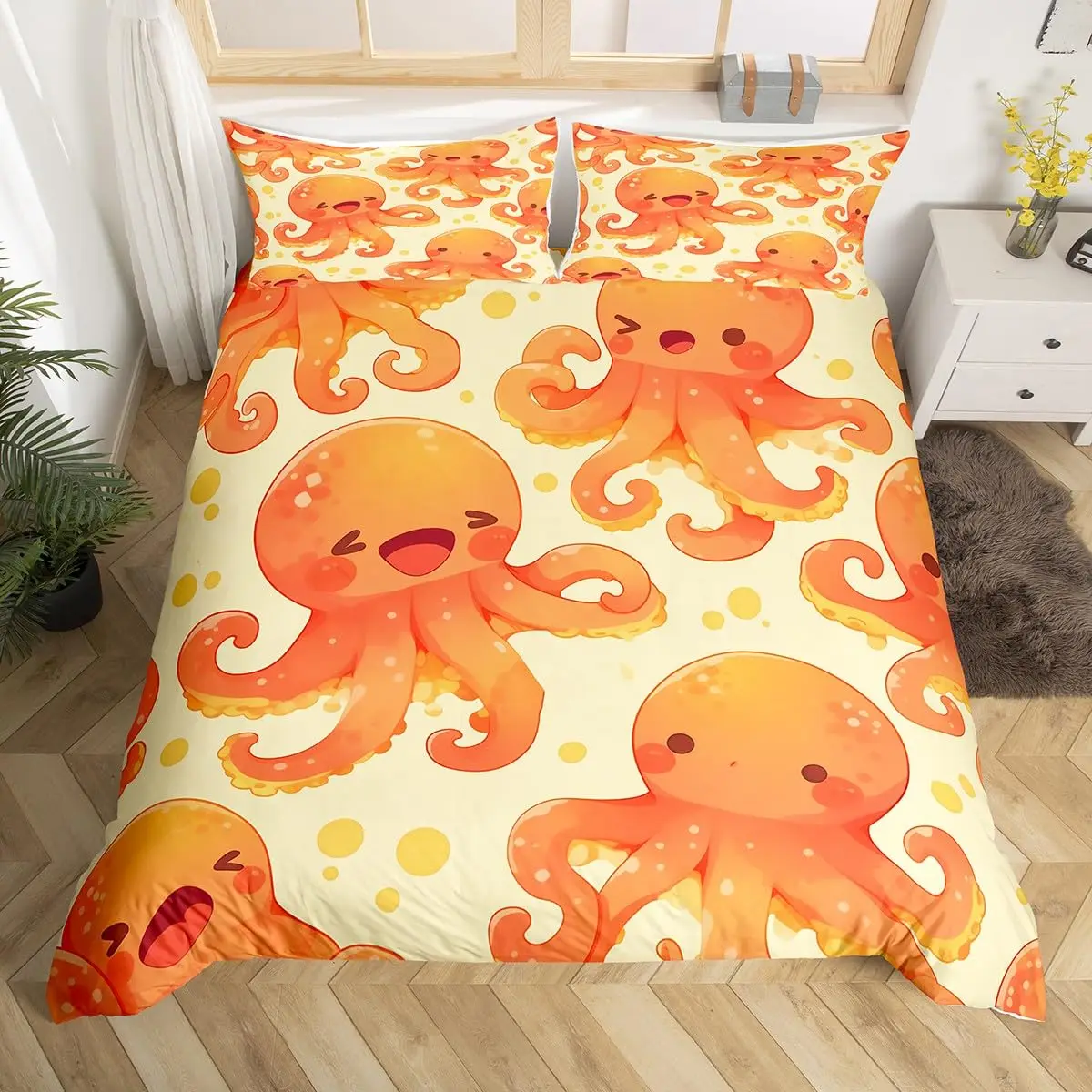 

Cartoon Octopus Kids Duvet Cover King Queen Twin Ocean Animals Marine Life Bedding Set Hand Drawn Lovely Octopus Comforter Cover