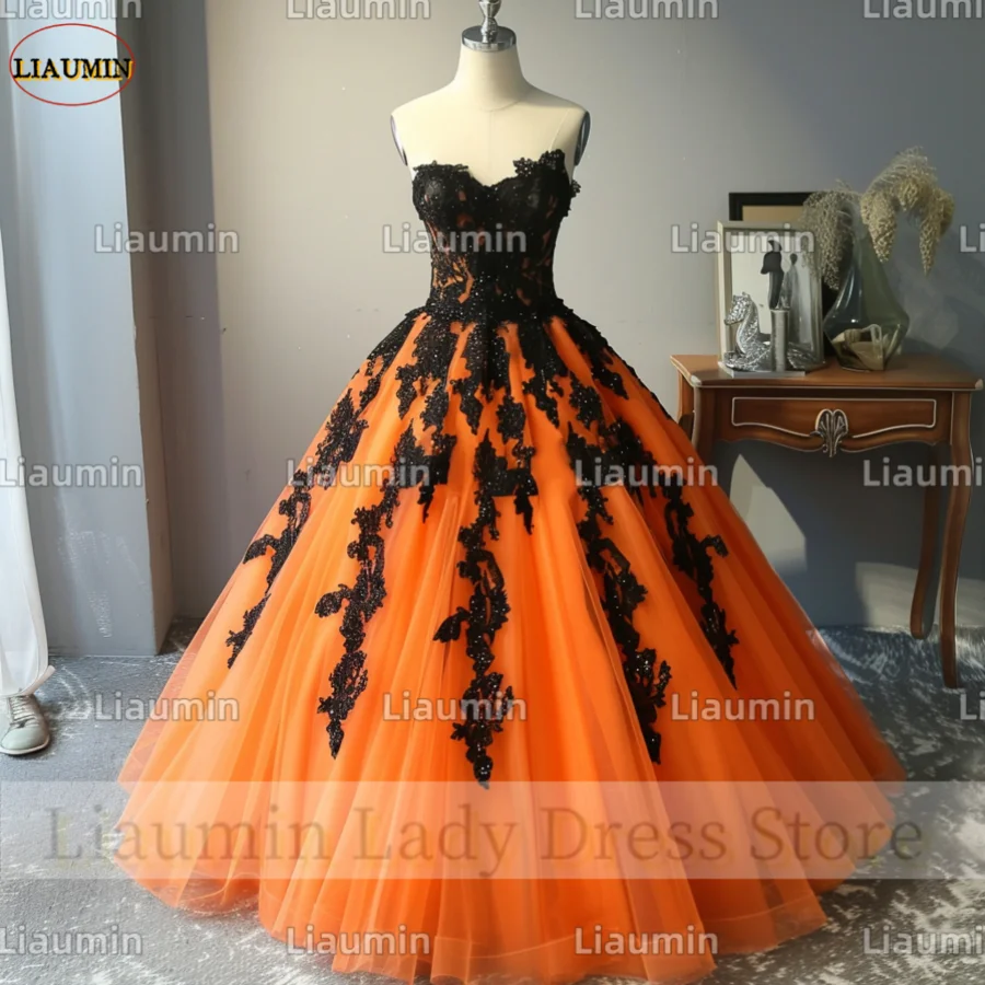 New Orange Tulle Black Lace Applique Strapless Full Length Prom Formal Dresses Evening Clothing Lace Up Back Custom Made A4-10.4