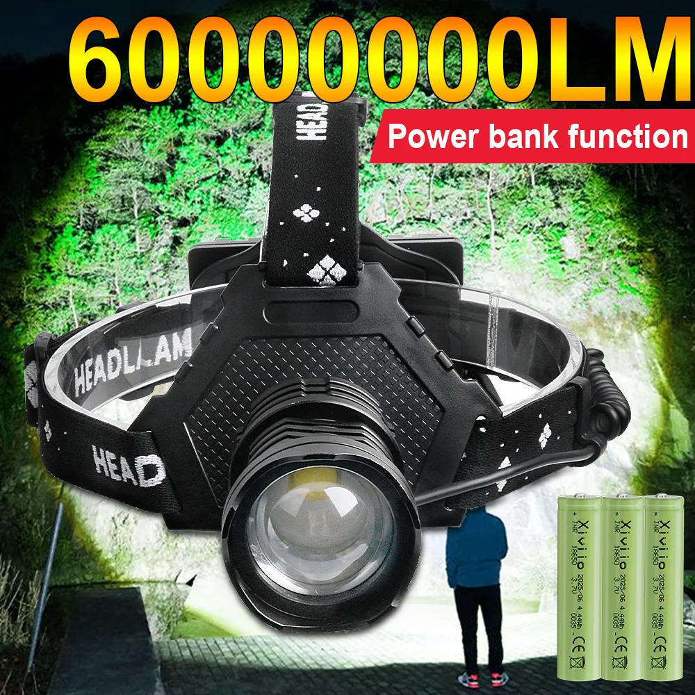 60000000LM Powerful Long Range Led Headlamp Zoomable Tactical Headlight Rechargeable Flashlight Outdoor Head Lamp Fishing Light