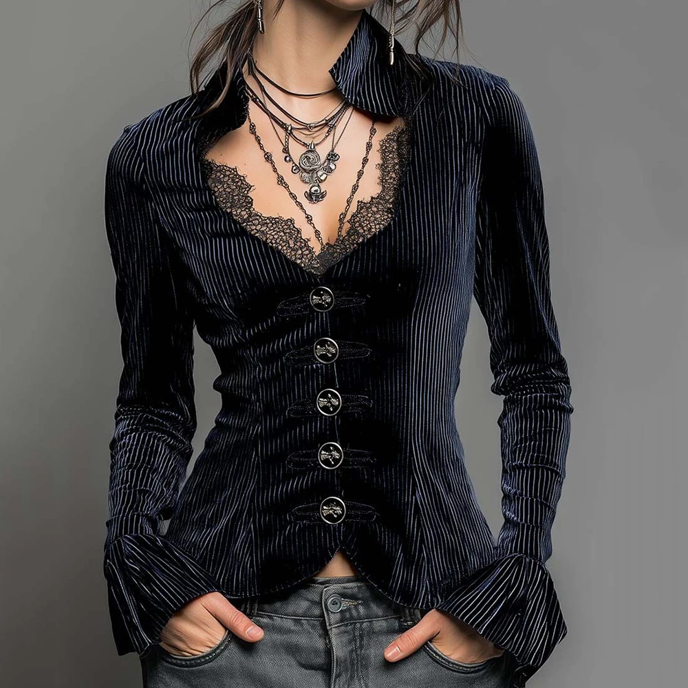 

Women's Vintage Punk Party Blouse Gothic Black Striped Lace Trim V Neck Long Bell Sleeve Button Front Shirt Top Women