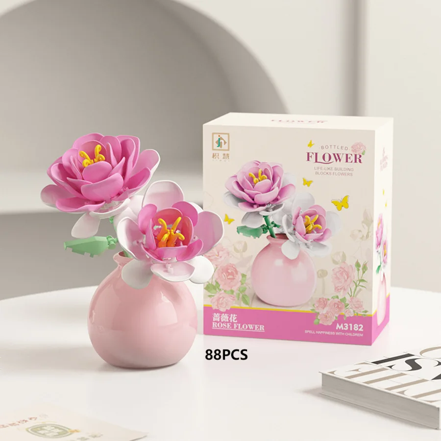 

Flower With Vase Building Blocks Model Set Ornaments Rose Tulip Peony MOC Assembly Bricks Decoration Girl DIY Toys Gifts