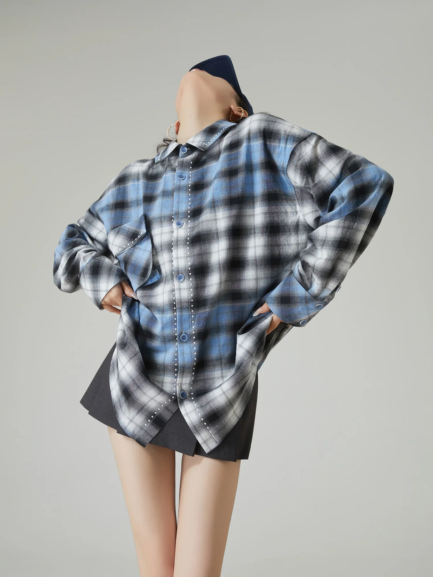 

Blue Vintage Plaid Pearl Print irt Jaet Women's oulder Drop Sve Loose Wide Version High-End Long Sve irt Trendy