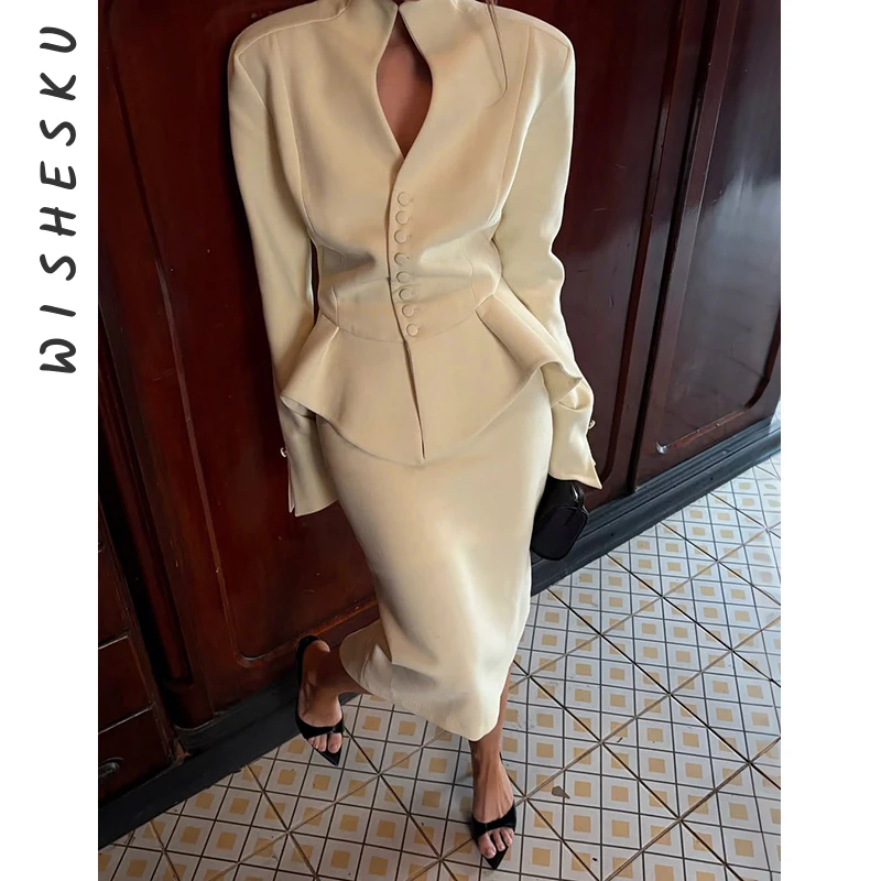 

Осень-зима 2024, новая женская куртка с тонкой талией и длинными рукавами, топ и элегантная юбка-миди, офисный женский комплект из двух предметов