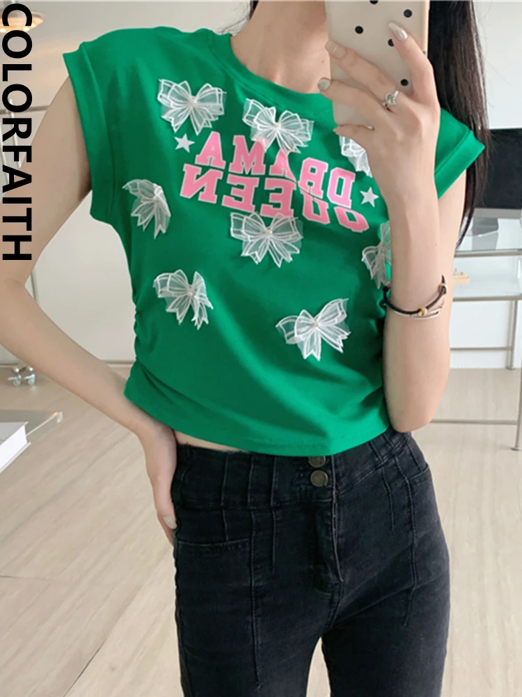 Colorfaith T9904CG New 2024 Slim Bow Wild Bottoming Korean Fashion Vintage Elegant Lady Women T-Shirts Spring Summer Short Tops