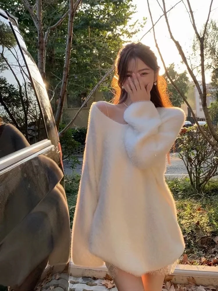 White Shoulder-baring Women's Knitted Sweater Soft Lazy Style Loose Long-length Mink Velvet Spring Autumn Outerwear