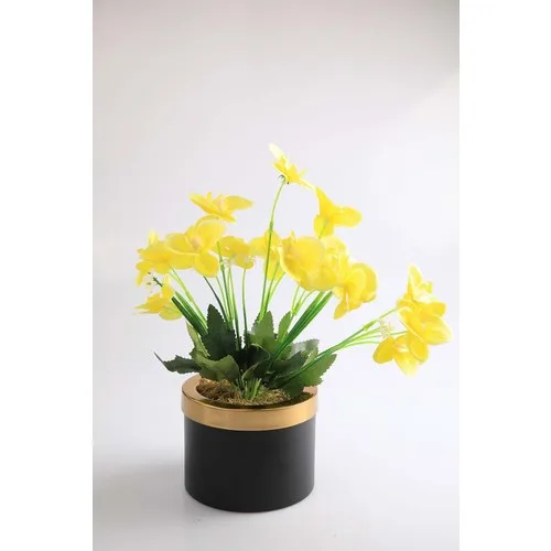 Kibrithane Flower Artificial Flower Metal Flower Pot Mini Yellow Fabric Orchid KC00200797