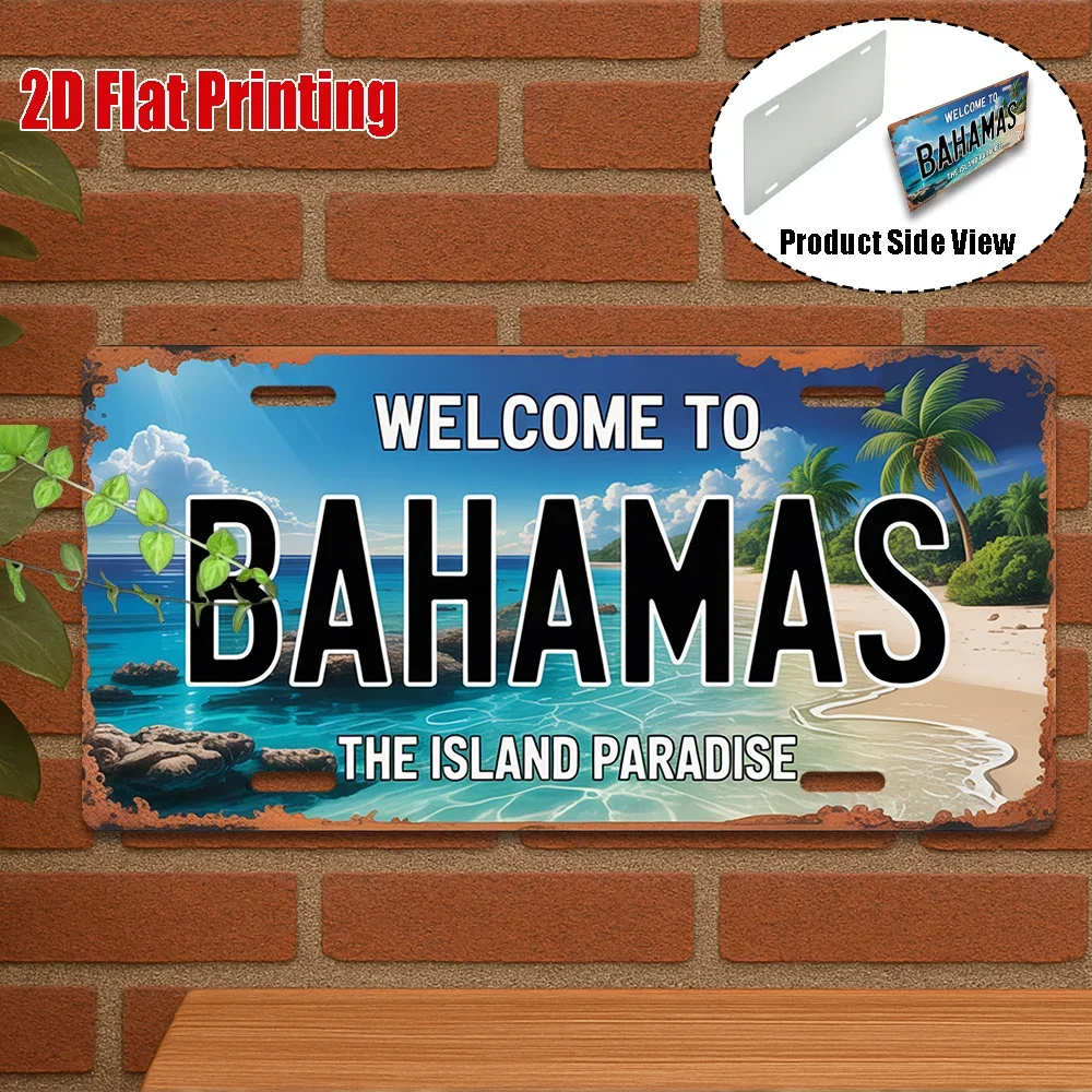 Welcome to Bahamas The Island Paradise 2D Flat Printing License Plate Style Metal Tin Sign, Tropical Beach Themed Decorative