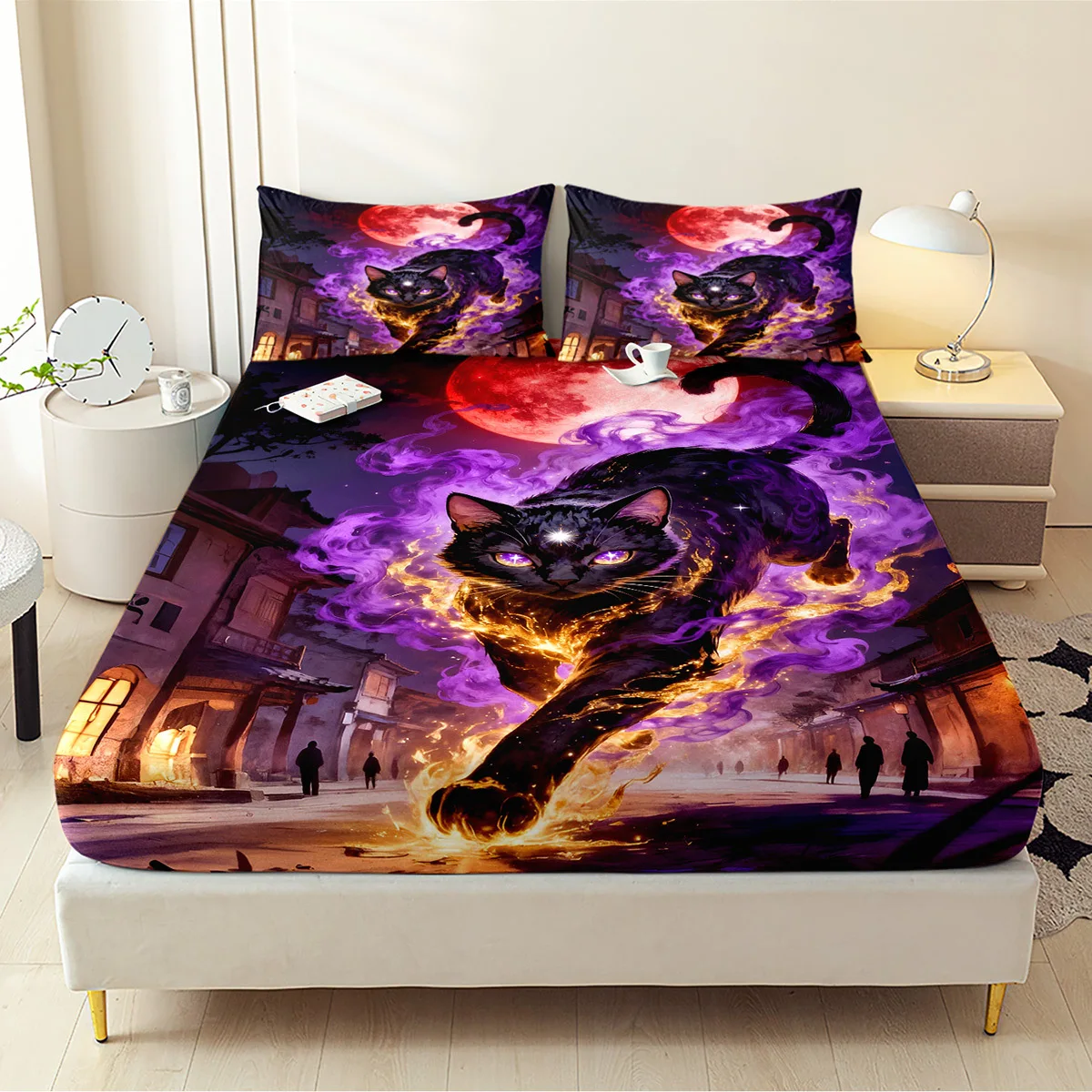 Black Cat Moon Fitted Sheet Set, All-Season Decorative Mattress Cover, Animal Mattress Protector, 3-Piece Bedding Set (includes 1 fitted sheet + 2 pillowcases), 3-Piece Set, Large-Capacity Deep Pocket 2D Printed Fitted Sheet and 2 Pillowcases, Bedding Mattress Protector, Elastic-Fitted Style, Protective Cover, Mattress Protector, Suitable for All Seasons, Machine Washable Design, Holiday Decoration, Various Sizes, Breathable Protective Cover with Pillowcases