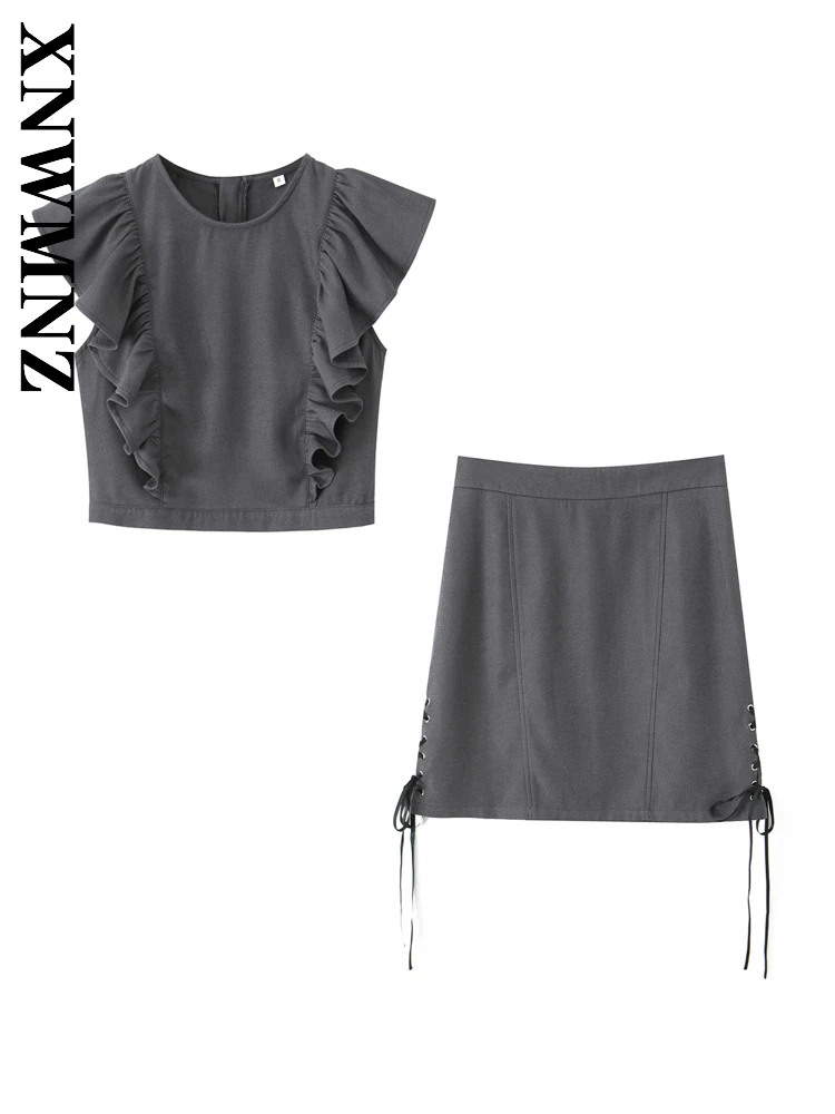 

XNWMNZ 2025 Summer New Woman's Simple Chic Sleeveless O-Collar Ruffle mini Leisure suit Fashion Casual Women Clothing Skirt Tie