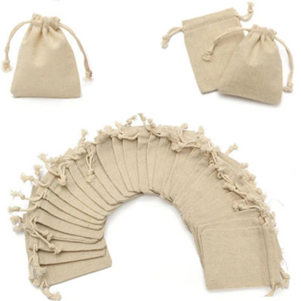 50Pcs Small Bag Natural Linen Colored Bundle Mouth Linen Burlap Jute Sack With Drawstring Gifts Treats Packaging Bag For Guests