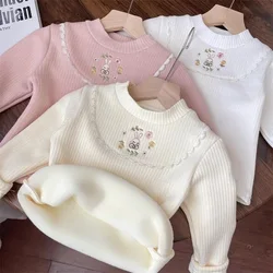 1pcs Children's T-Shirts Cartoon Embroidery Velvet warm top Kids Half High Collar Long Sleeve Base Shirt Girls Tshirts Clothes