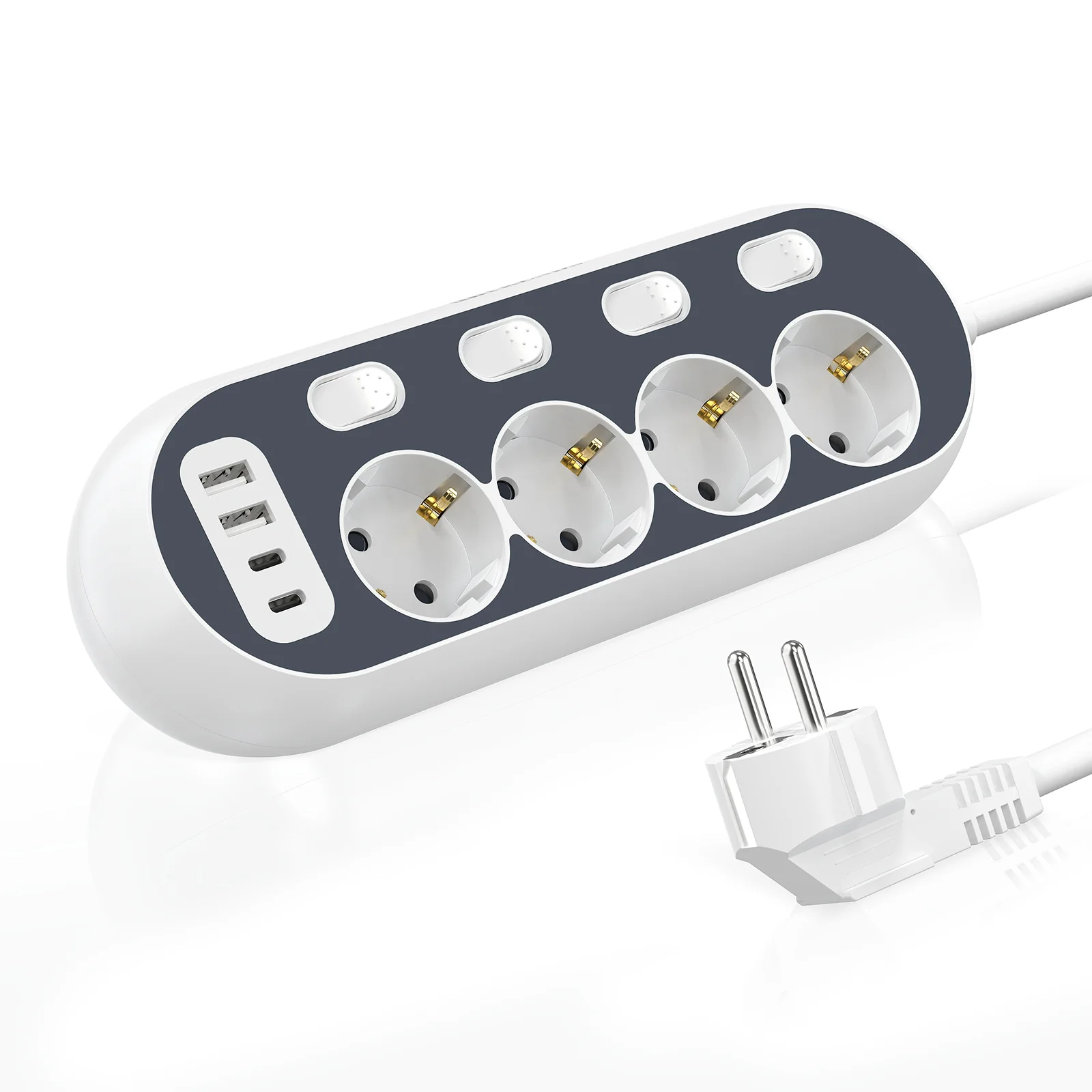 

8-in-1 multi-functional expansion socket, 4AC+2USB-A+2USB-C fast charging, 2-meter extension cable overload protection