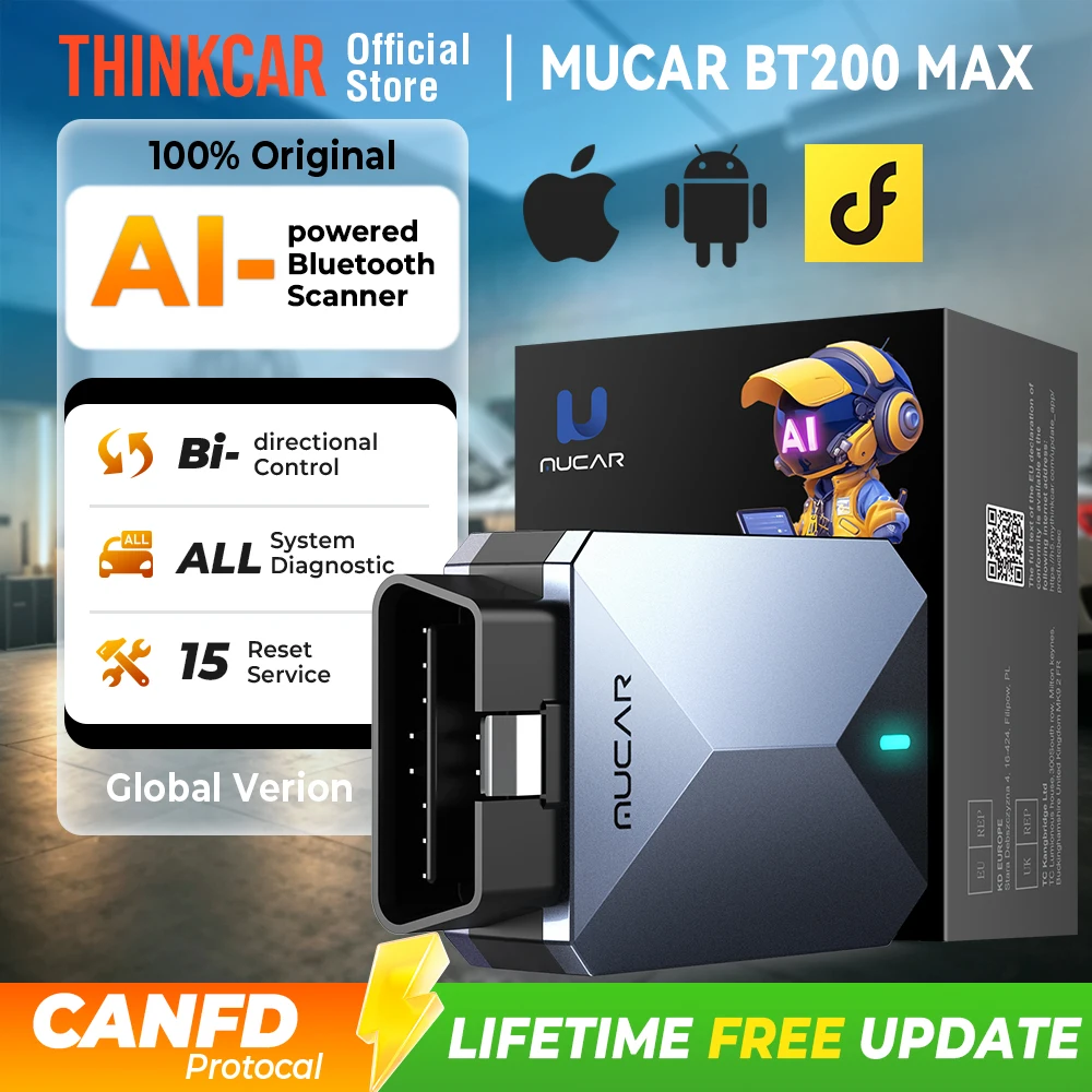 MUCAR BT200 MAX AI Ferramentas automotivas ELM327 OBD2 Scanner Bluetooth CANFD Ferramenta de digitalização bidirecional 15 Redefinição de sistema completo Diagnóstico de vida Leitor de código de atualização gratuita