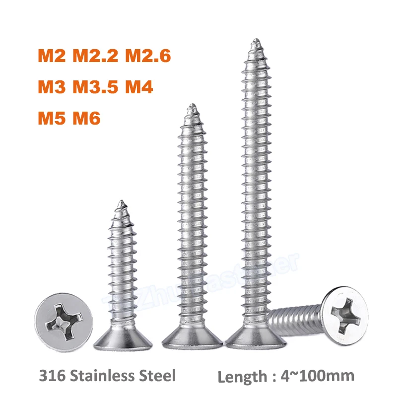 2-50pcs Self Tapping M2 M2.2 M2.6 M3 M3.5 M4 M5 M6 316 Stainless Steel Cross Recessed Phillips Flat Countersunk Head Wood Screw