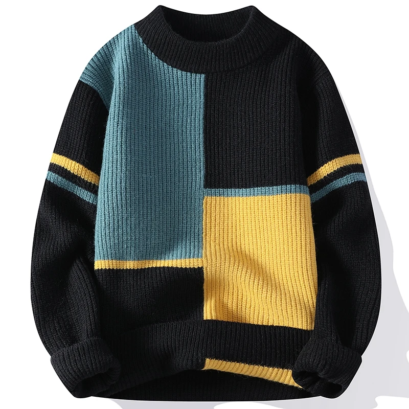 

New Fall Winter Korean Handsome Patchwork Turtleneck Sweater Men Top Grade Luxury Mens Christmas Pullovers Thick Warm Pull Homme