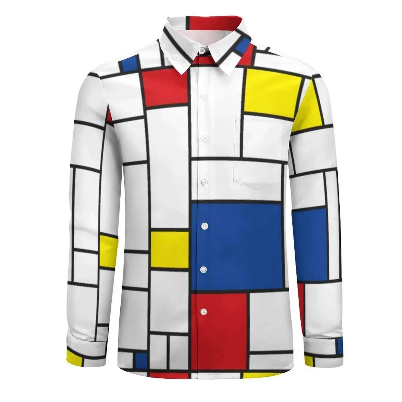 Mondrian Geometry Shirt Spring Modern Art Casual Shirts Male Fashion Blouses Long Sleeve Pattern Streetwear Top Plus Size