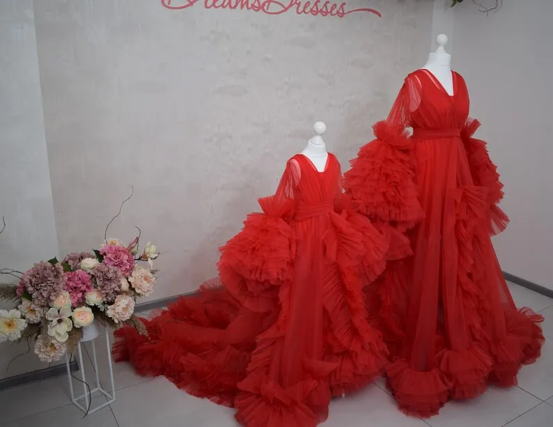 Red Tulle Mother Daughter Dresses Matching Dress Mommy and Me Outfits Dresses for First Birthday or Photoshoot Maternity Robes