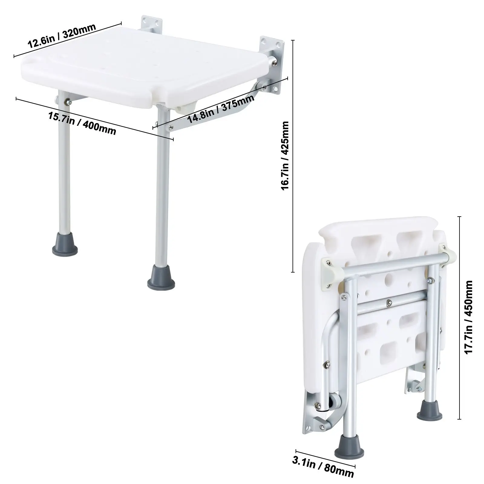 Folding PE Shower Seat, 15.7'' x 14.8'' Unfolded, Wall Mounted Fold Up Shower Bench with 500 lbs Load Capacity, Space Saving Fold Down Shower Chair for Seniors Pregnant Women Children Adults