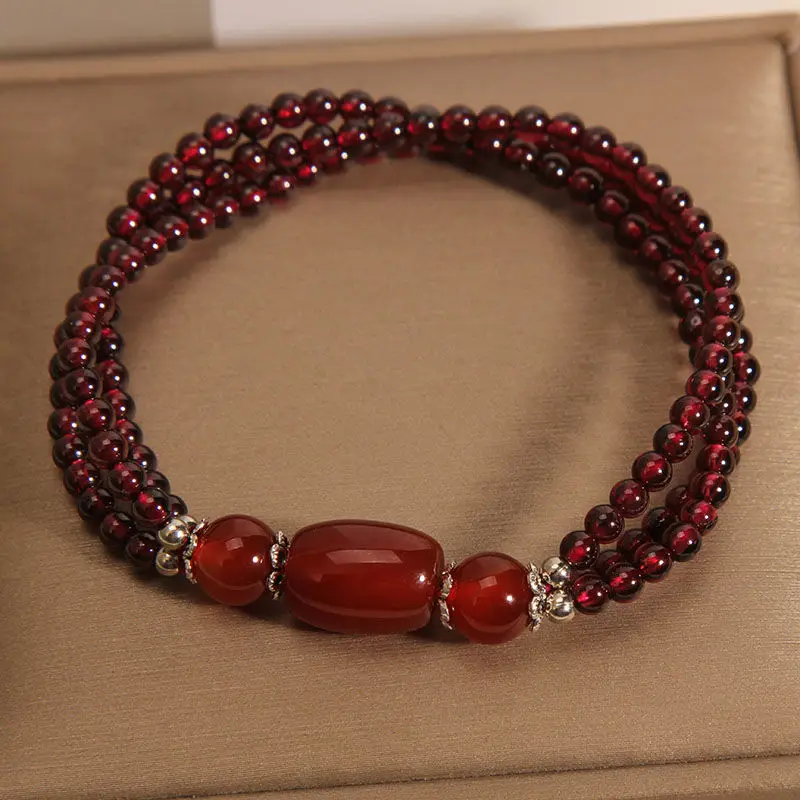 Natural Multilayer Garnet Pulseira para Feminino, Ágata Vermelha Pulseiras, High Sense Nicho, Presentes de luxo, Enviar Namoradas, Verão Ins