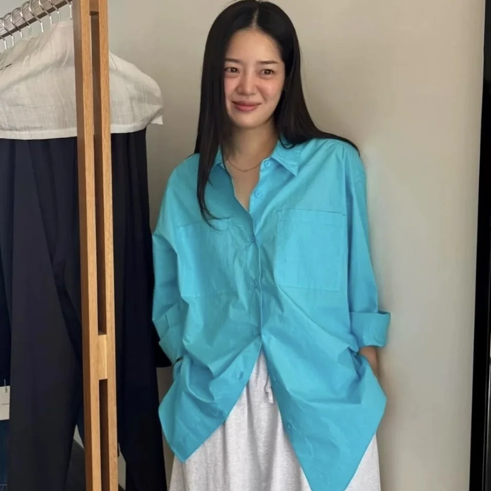 

Water Blue Long Sve irt Single Button Flip Collar Casual Loose Fit Breathable Cotton Autumn Faion Women's Top