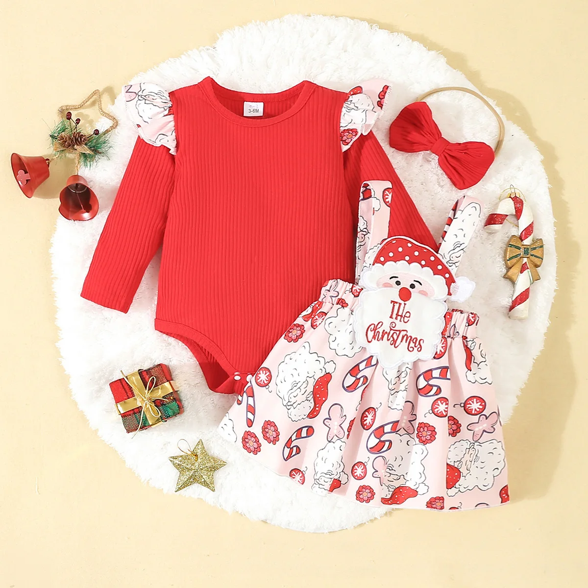 Baby and Child Christmas 3-Piece Set with Cute Cartoon Santa Claus Patch Embroidered Suspender Skirt and One-Piece Romper and Bow Hair Tie Set