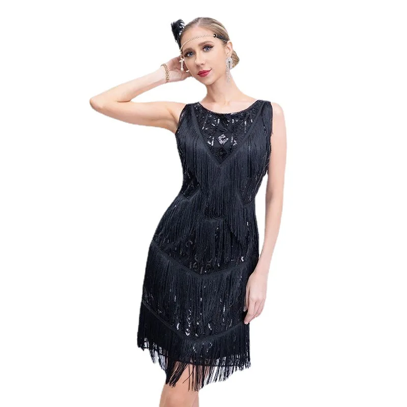 1920s Flapper Retro Sequin Dress Gatsby Dance Tassel Dress Wedding Party Nail Bead Toast Cocktail Dress