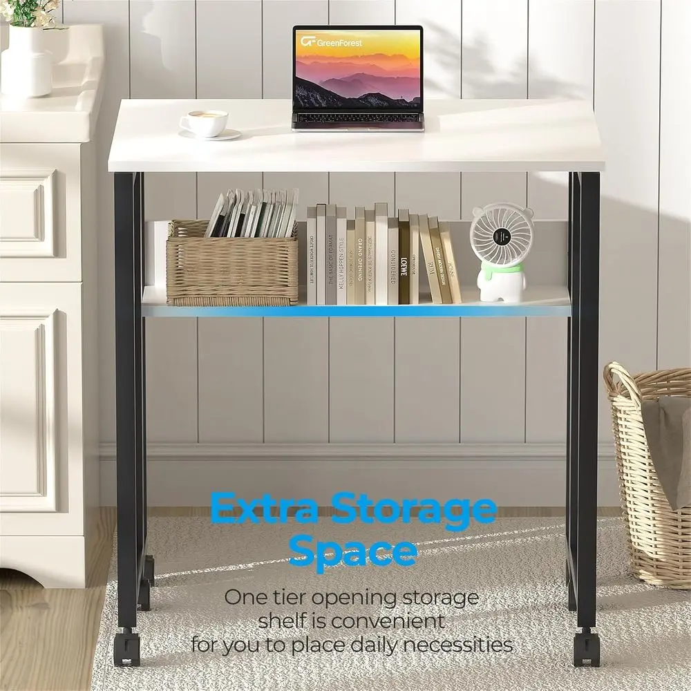 Compact Rolling Desk with Storage, 24.8 White Foldable Computer Desk for Small Spaces, Easy Assembly