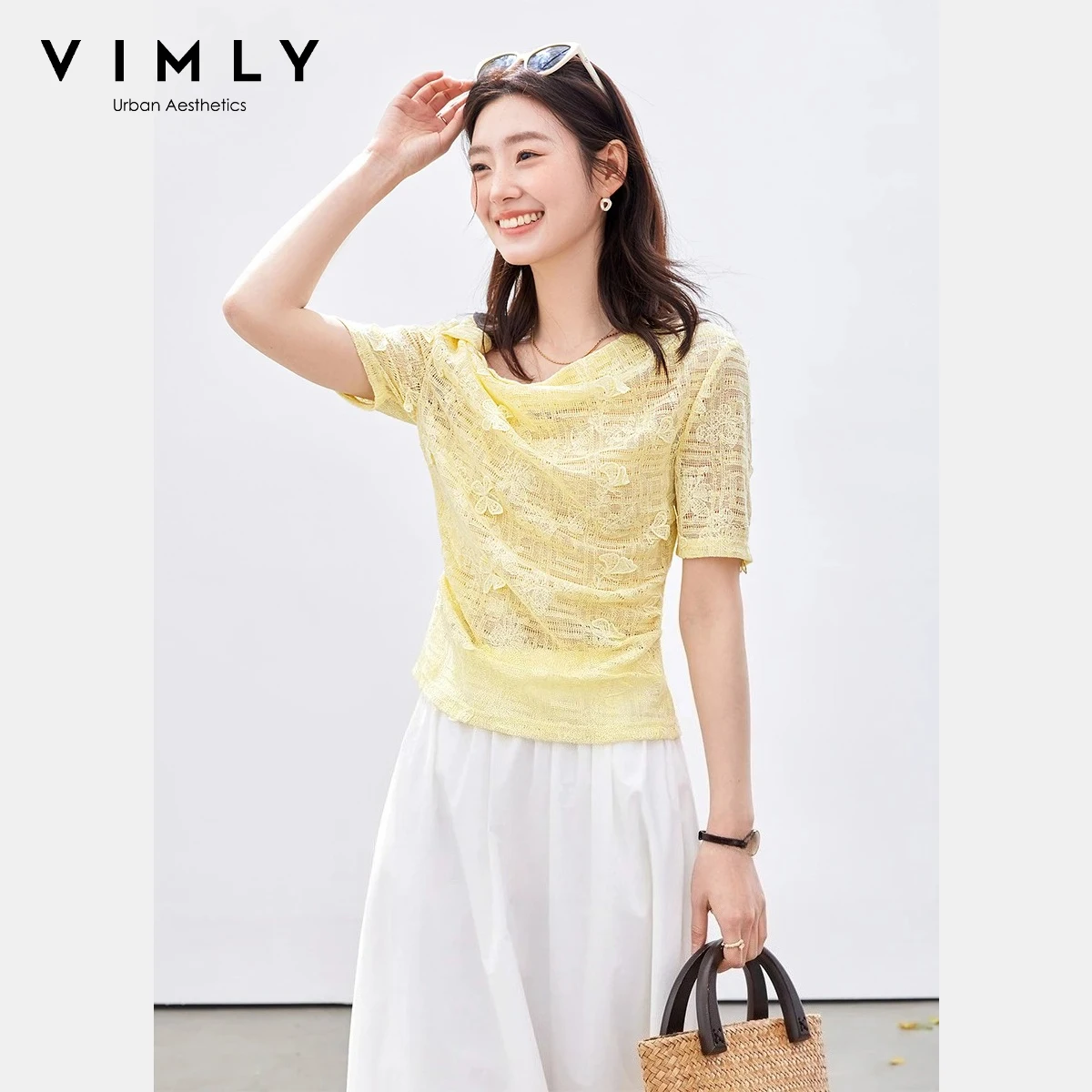 

VIMLY Women's Asymmetrical Twist Cowl Neck T-shirt 2026 Summer New Yellow 3D Butterfly Embroidery Short Sleeve Knit Top A5152