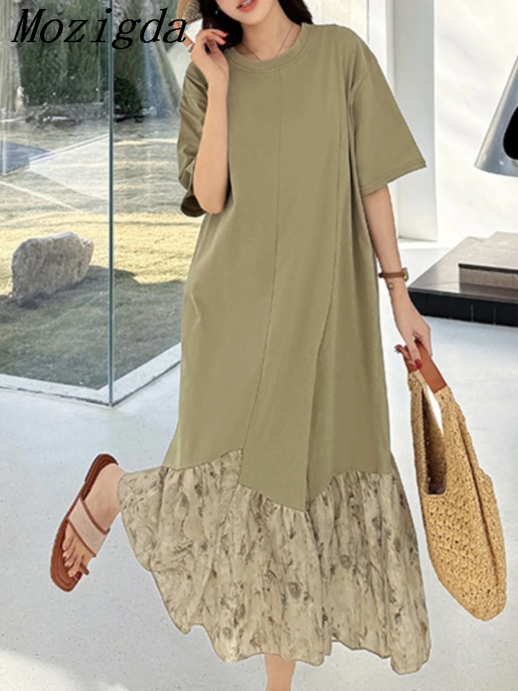 فستان نسائي صيفي جديد غير منتظم من كوريا فستان طويل من فيستدوس رداء Elbise فضفاض مقاس كبير بحاشية مرقعة لون أسود