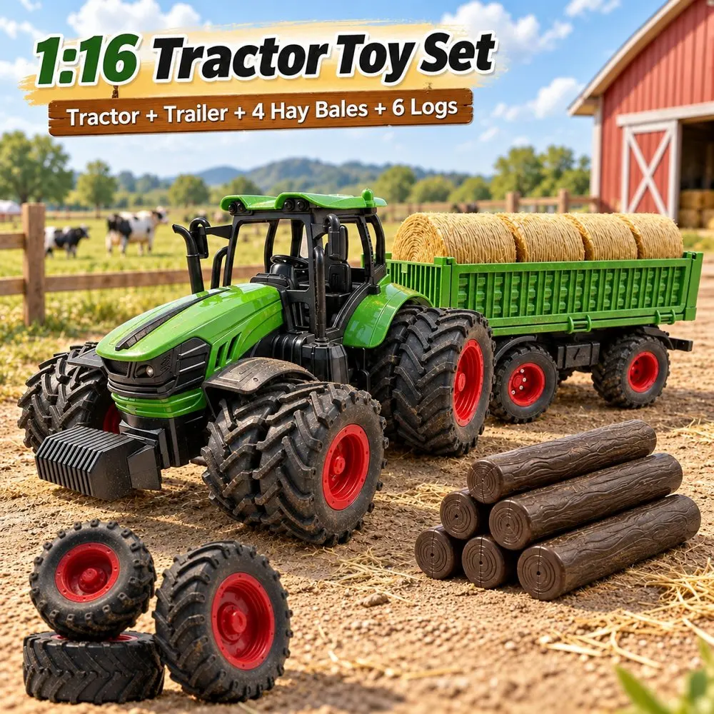 1:16 Scale Friction Powered Tractor Toy Set, Farm Tractor with Trailer, 4 Hay Bales & 6 Logs, Farm Vehicle Playset for Kids