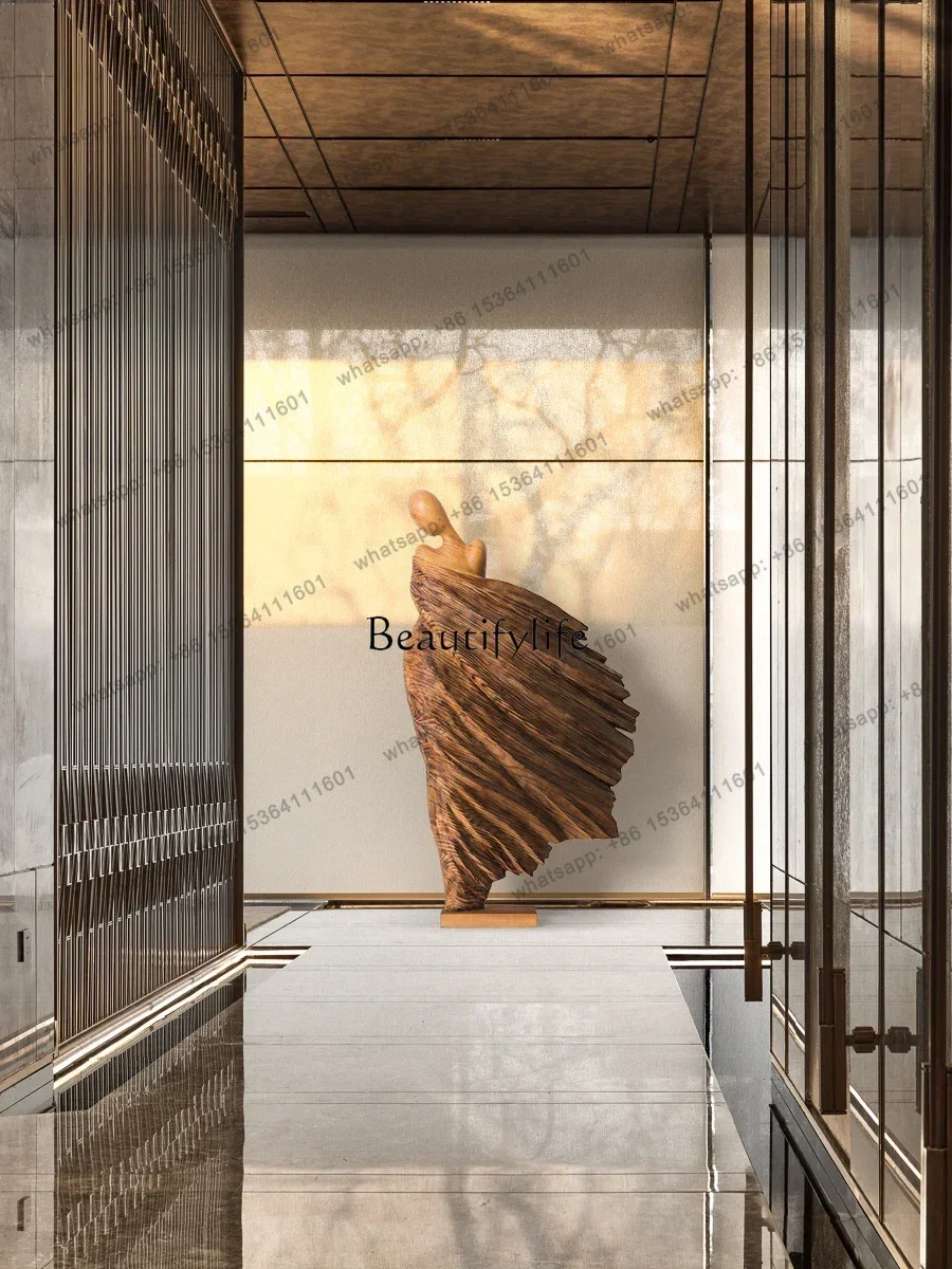 yj58 Hotel lobby Large wood carving Muse Floor-to-ceiling ornament Abstract figure sculpture Artwork decoration