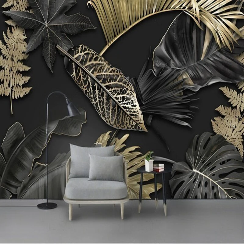 Dinding latar belakang kamar tidur dekorasi rumah mewah bergaya modern minimalis hitam dan emas dengan motif daun besar untuk ruang tamu dan TV