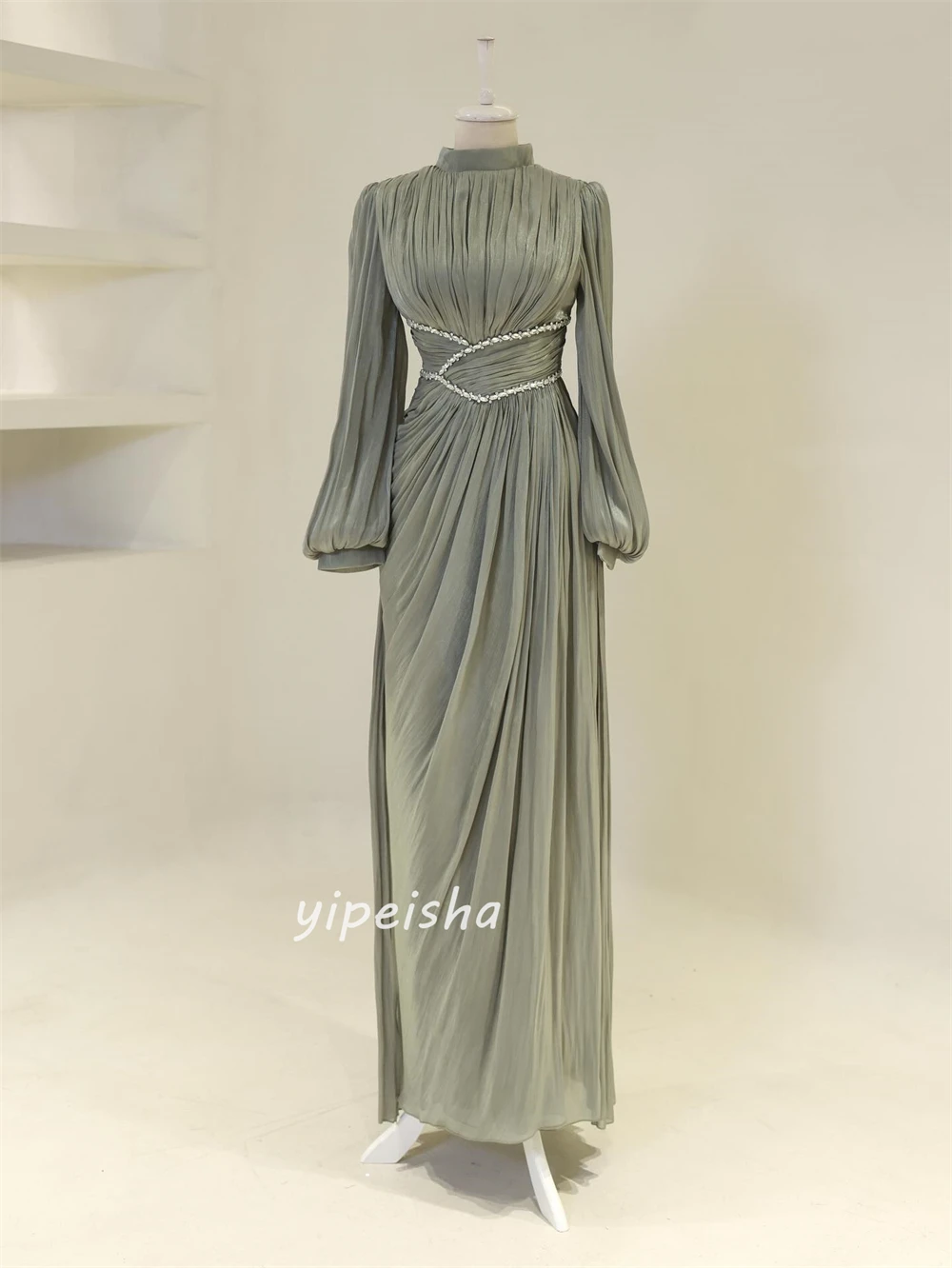 Customized High Quality Classic Chiffon Rhinestone Pleat Straight High Collar Long Dresses Bespoke Occasion Dresses Matching