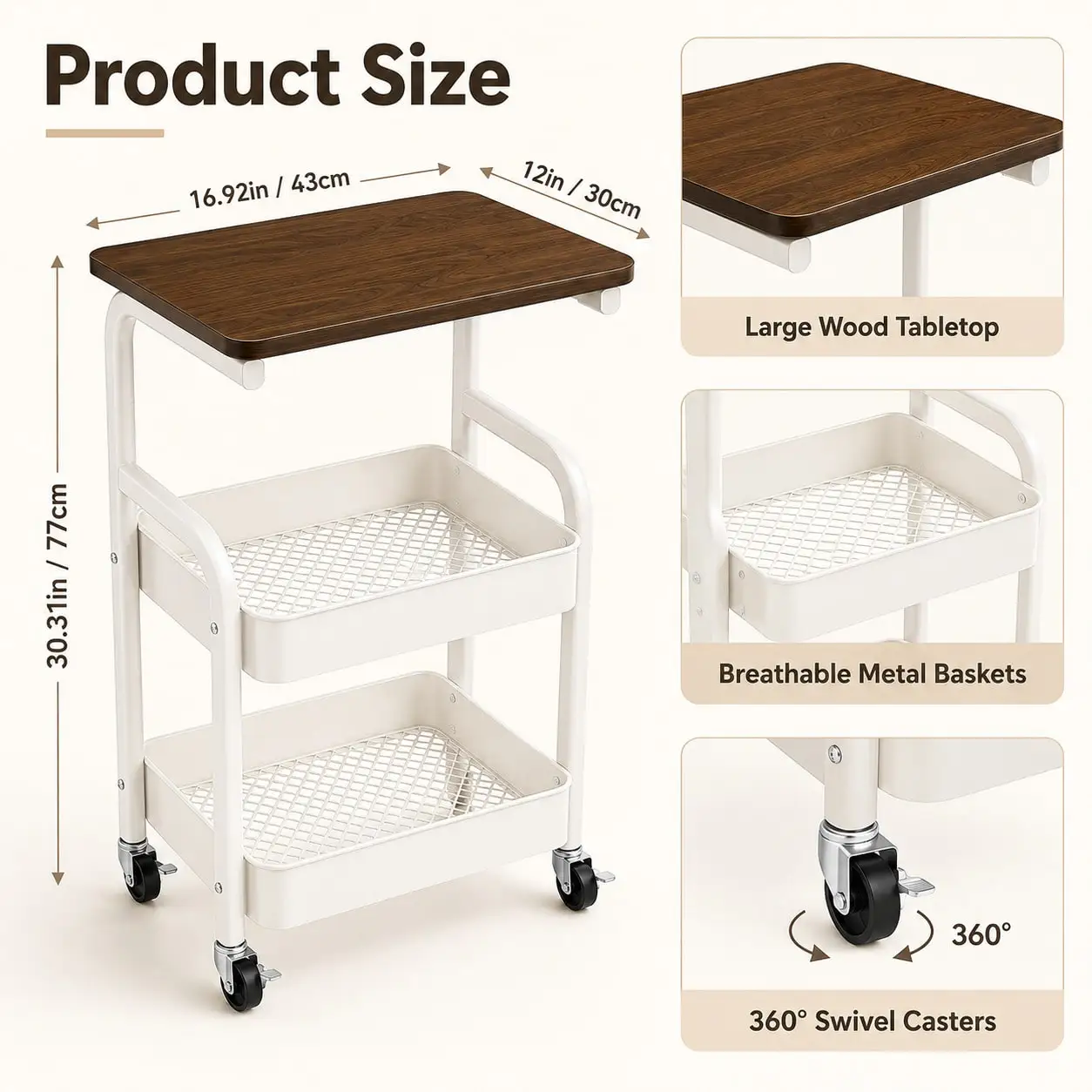 2-Tier Rolling Storage Cart With Tabletop, Mobile Utility Organizer With Mesh Baskets And Wheels, Compact Side Table Shelf
