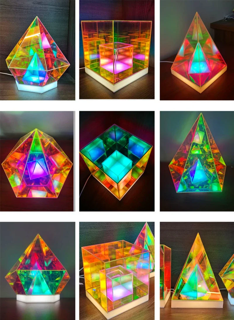LED 3D Pyramid Cube Night Light RGB Dimmable Ambient Light Rechargeable Bedroom Bedside Decorative Table Lamp Birthday Gift