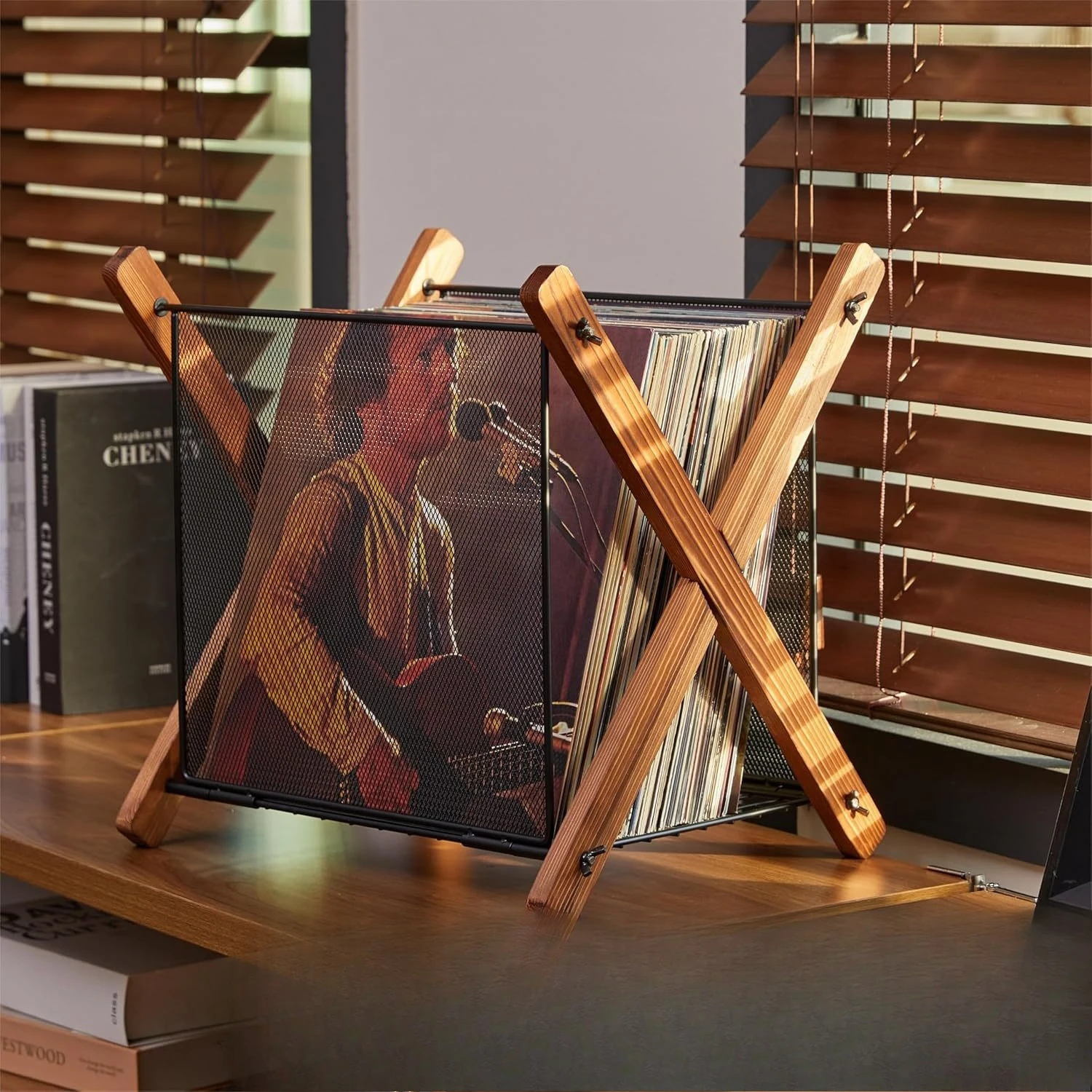 

Wooden Storage Basket Desktop Magazine Storage Rack Record Album Storage Rack Foldable Record Desktop Rack