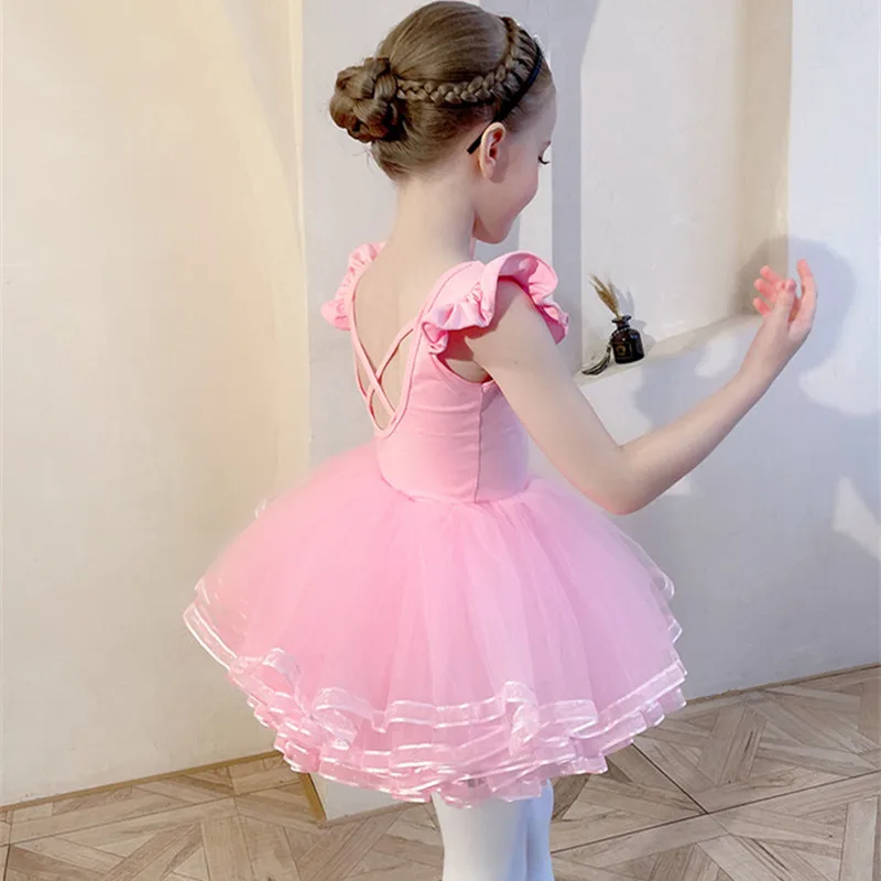 Body per balletto per ragazza Toddler manica corta con volant Tulle Dance 4 strati Dancer Outfit ginnastica ritmica body Dress Skate