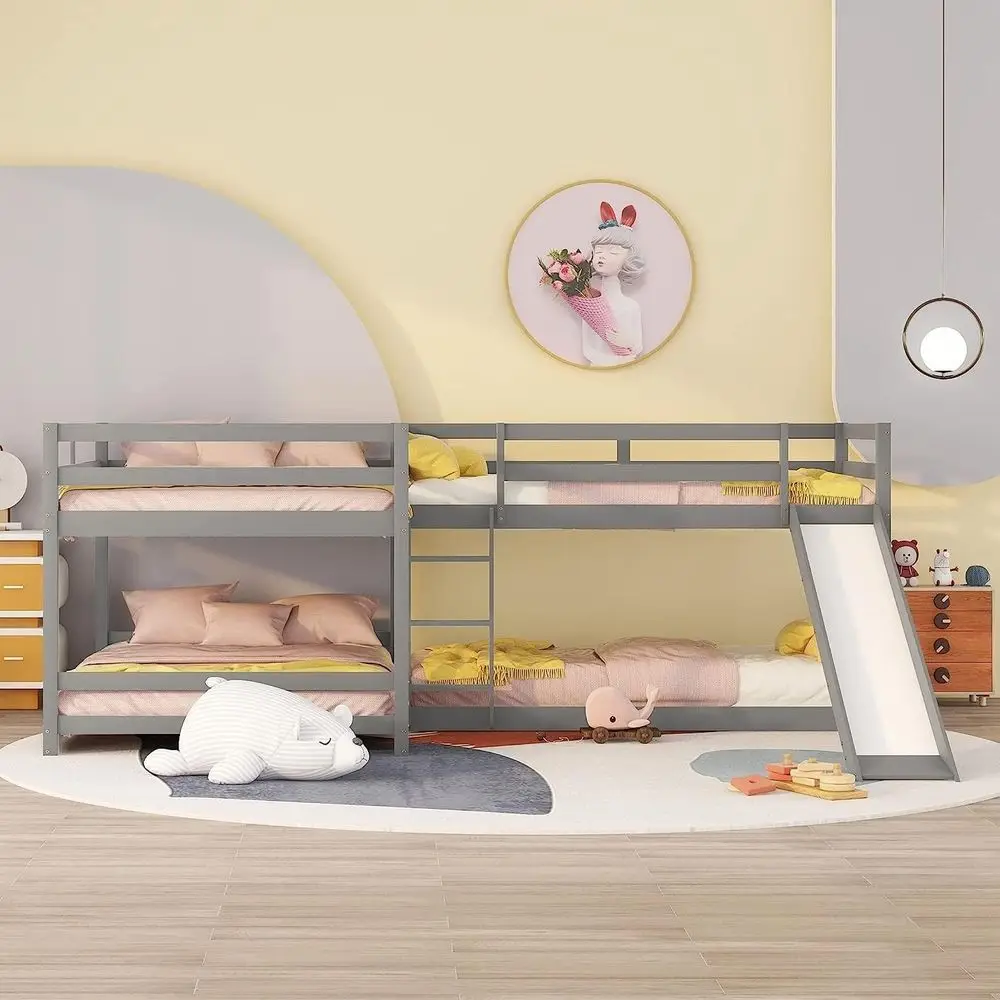 

L-Shaped Wood Bunk Beds with Slide, Ladder, Full and Twin Sizes for Kids, Teens, Adults - Grey