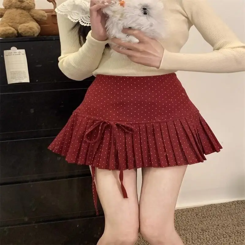 Sweet Polka Dot High Waisted Pleated Skirt for Women In Spring Korean Style Retro Bow Tie A Line Skirt Design Red Short Skirt