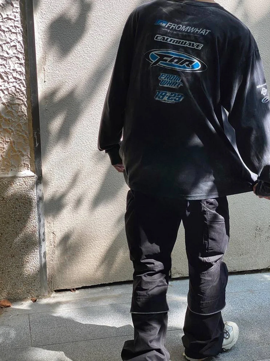 

Retro Racing Logo Distred Cotton Long Sve T-irt Streetwear Hip Hop Trendy Base Layer irt Breathable Loose Fit