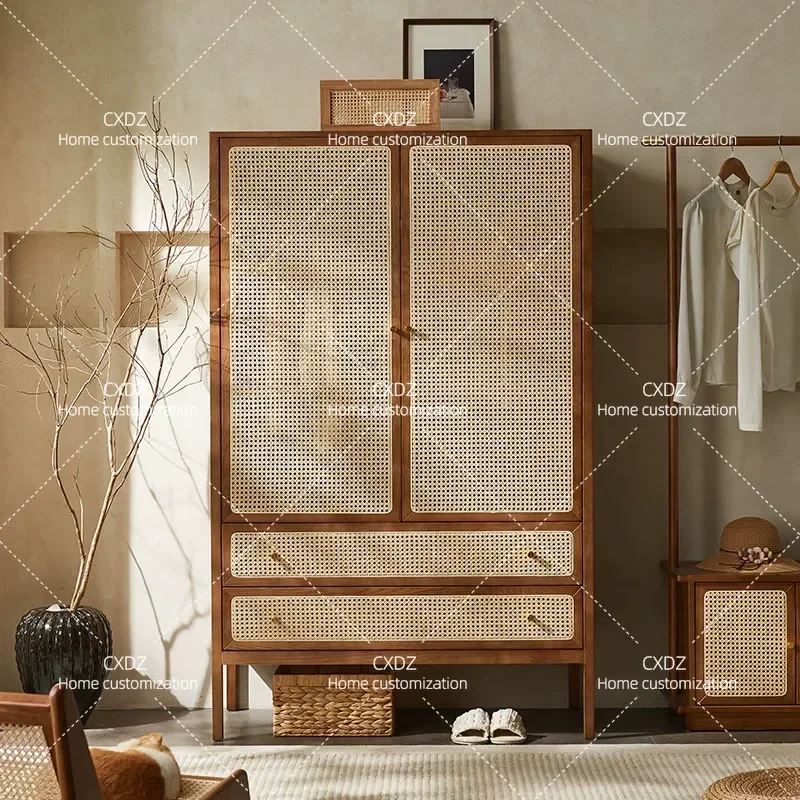 Solid Wood Rattan Double Door Wardrobe Modern Retro Bedroom Storage Closet Coat Cabinet Furniture