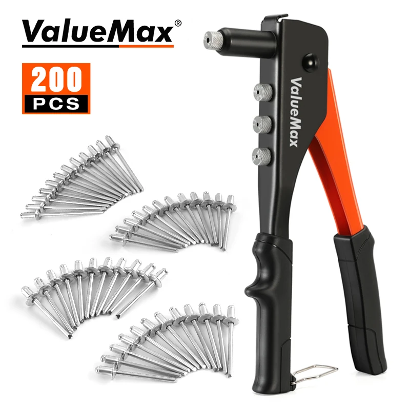 ValueMax Hand Tool Riveter Set Professional Manual Rivet Gun Tool Home Repair And DIY With 200 Rivets 2.4mm 3.2mm 4.0mm 4.8mm