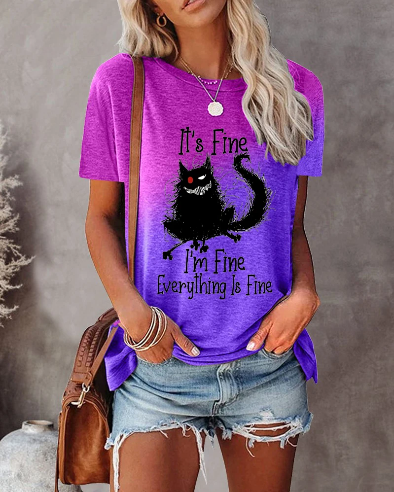 Funny Cat Print Women O-Neck T-Shirts Casual Style Pullover Loose Short Sleeves Oversized Tee Shirt Summer Female Clothing 2024