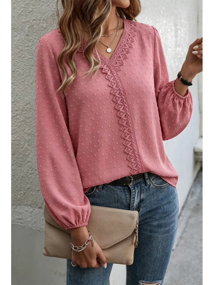 1XL-4XL Plus Size Autumn Spring Fashion Elegant Solid Color Shirt Blouse V- Neck 3XL 4XL Big Size Women Long Sleeve T-shirt Tops