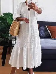 Summer Dress 2023 VONDA Women Casual Loose Solid Color Robe Femme Summer V Neck Puff Sleeve Stylish Maxi Sundress