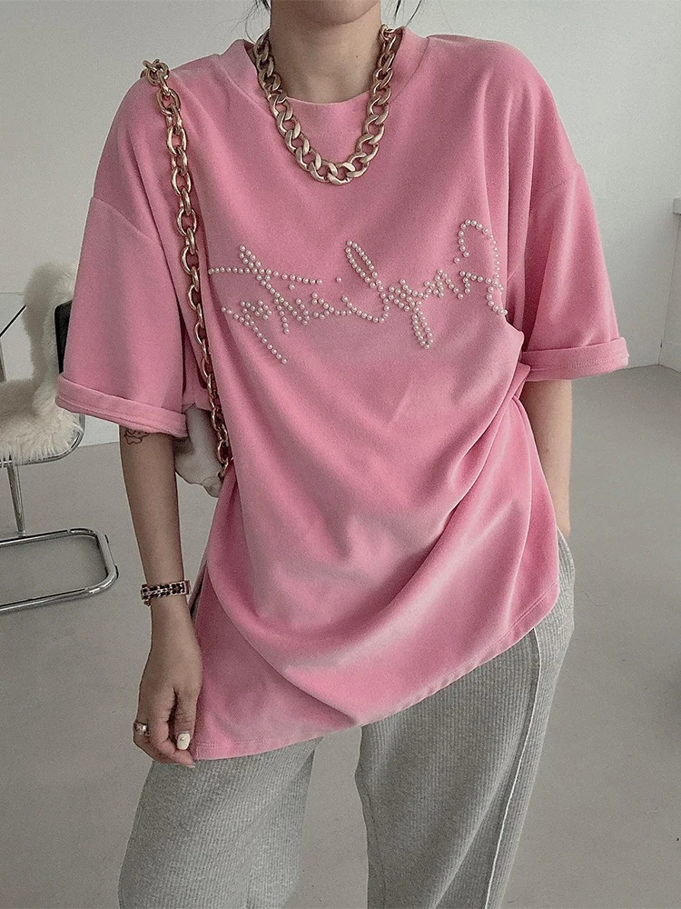 

Clothland Women Sweet Beading Pearl Letter T Shirt Pink White Black Basic Cute Tee Summer Elegant Tops Mujer DA532