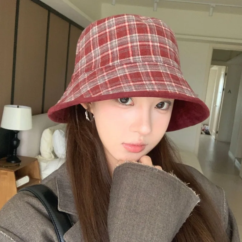 Autumn Winter Plaid Bucket Hat Korean Reversible Double Sided Hat Women Japanese Simple Striped Big Head Circumference Suede