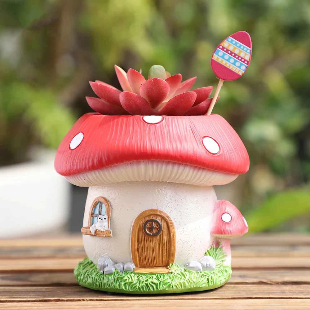 Rustic Style Mushroom House Plant Stand Resin Succulent Flower Pot Desktop Garden Container Patio Creative Flowerpot