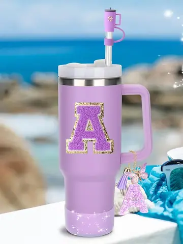 8PCS Accessories Set for Stanley Cup Purple 30oz 40oz tumbler Silicone Straw Topper Cover Cap Boot Handle Charm Initials Sticker